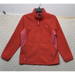 The North Face Fleece Jacket Girls XL (18) Full Zip Zip Pockets Logo Pink Salmon